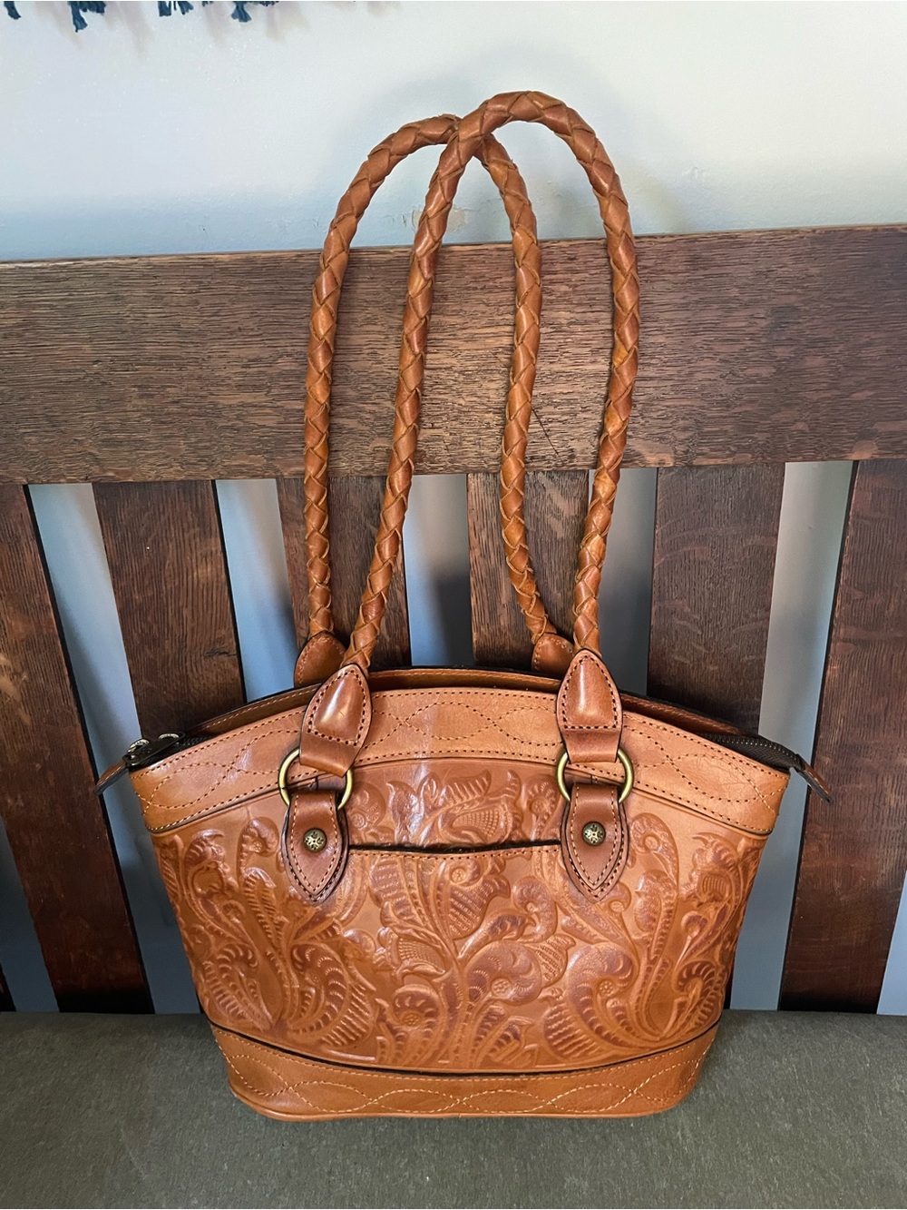 Patricia Nash Tan Tooled Leather Shoulder Tote with Braided Handles